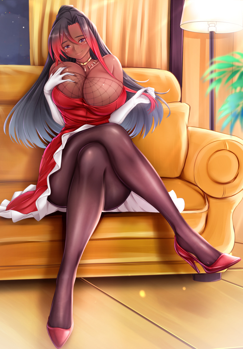 1girl absurdres black_hair blush breasts choker closed_mouth commentary_request couch crossed_legs curtains dark_skin dress elbow_gloves gloves gold gradient_hair high_heels highres indoors kono_subarashii_sekai_ni_shukufuku_wo! kono_subarashii_sekai_ni_shukufuku_wo!:_kurenai_densetsu lamp large_breasts legs long_hair looking_at_viewer multicolored_hair night nose_blush pantyhose plant red_dress red_footwear redhead siki2046 sitting sky smile solo streaked_hair sylvia_(konosuba) white_gloves