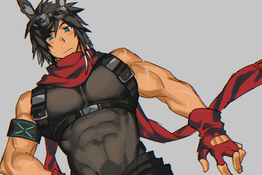 1boy animal_ears arknights bara bare_shoulders blue_eyes blush chest chest_harness courier_(arknights) covered_abs covered_navel fingerless_gloves fox_ears gloves goggles goggles_on_head grey_background harness highres male_focus muscle red_scarf scarf short_hair sleeveless solo st05254 tight upper_body