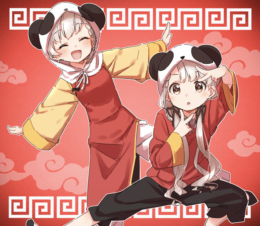 2girls :d :o ^_^ animal_ears arm_up bangs black_pants black_ribbon blush braid braided_bangs brown_eyes closed_eyes double_v dress earrings eyebrows_visible_through_hair facing_viewer fake_animal_ears grey_hair hair_ribbon highres hisakawa_hayate hisakawa_nagi hood hood_up idolmaster idolmaster_cinderella_girls jewelry long_hair long_sleeves looking_at_viewer low_twintails meandros multiple_girls open_mouth outstretched_arms panda_ears panda_hood pants parted_lips red_dress red_shirt ribbon shirt siblings sisters smile standing standing_on_one_leg twins twintails v very_long_hair white_pants wide_sleeves yie_ar_fan_club_(vocaloid) yukie_(kusaka_shi)