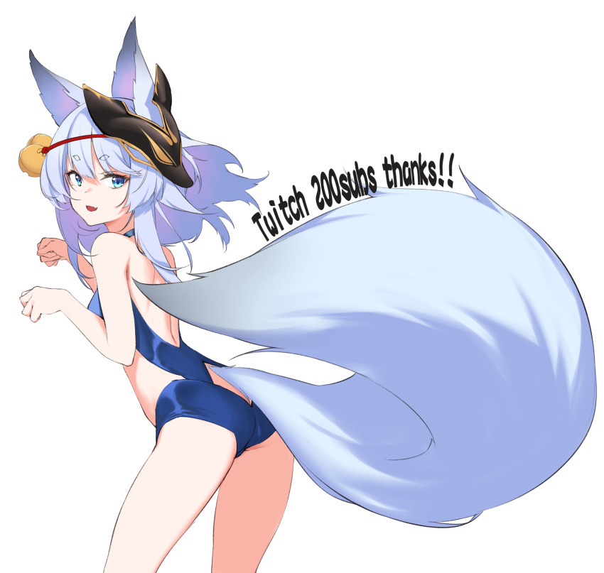 1girl :d animal_ears ass bell blue_eyes blue_swimsuit breasts eyebrows_visible_through_hair fang fox_ears fox_tail from_side highres jingle_bell leaning_forward light_blue_hair long_hair mask mask_on_head ninsaki_(9saki) one-piece_swimsuit open_mouth original paw_pose short_eyebrows simple_background skin_fang small_breasts smile solo swimsuit tail tail_cutout thank_you twitch.tv virtual_youtuber white_background