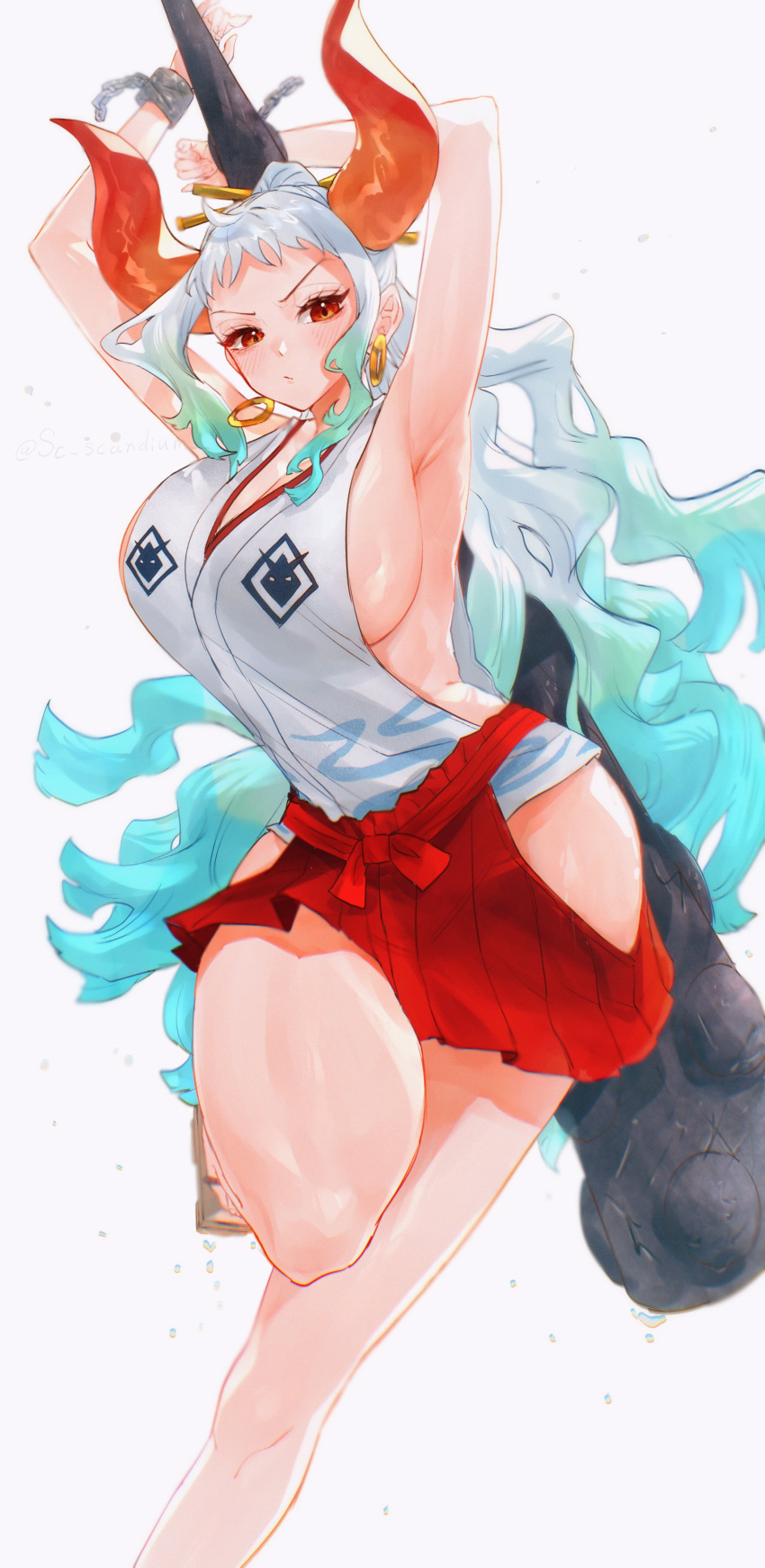 1girl absurdres arms_up blue_hair breasts club_(weapon) cuffs curled_horns earrings hair_ornament hair_stick hakama highres hoop_earrings horns japanese_clothes jewelry kanabou kimono multicolored_hair multicolored_horns one_piece oni orange_horns red_eyes red_hakama red_horns sc_scandium shackles sideboob simple_background sleeveless sleeveless_kimono weapon white_background white_hair yamato_(one_piece)