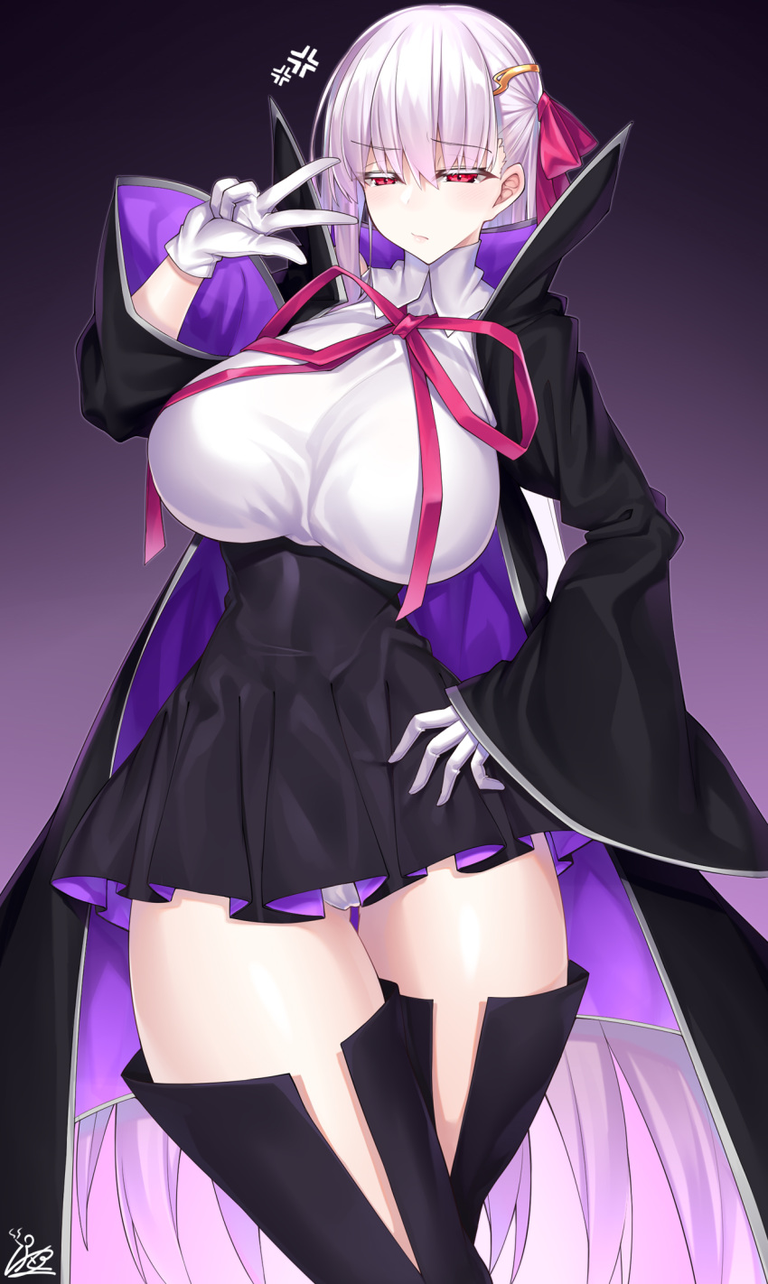 1girl anger_vein bangs bb_(fate)_(all) bb_(fate/extra_ccc) bb_(fate/extra_ccc)_(cosplay) black_coat black_legwear black_skirt blush breasts circlet coat cosplay fate/extra fate/extra_ccc fate/grand_order fate_(series) gloves gradient gradient_background hair_ribbon high-waist_skirt highres kama_(fate/grand_order) leotard long_hair long_sleeves looking_at_viewer neck_ribbon open_clothes open_coat popped_collar purple_background red_eyes red_ribbon ribbon silver_hair skirt thighs very_long_hair w watosu white_gloves white_leotard wide_sleeves