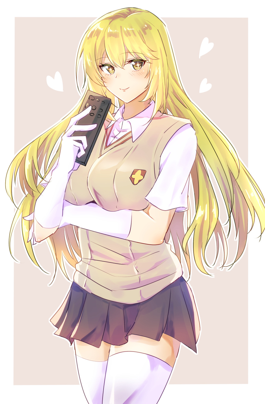 +_+ 1girl absurdres blonde_hair blush breast_hold breasts closed_mouth commentary_request controller eyebrows_visible_through_hair gloves heart highres large_breasts long_hair looking_at_viewer mikottan pleated_skirt remote_control school_uniform shirt shokuhou_misaki skirt smile solo sweater sweater_vest symbol-shaped_pupils thigh-highs to_aru_kagaku_no_railgun to_aru_majutsu_no_index tokiwadai_school_uniform white_gloves white_legwear white_shirt yellow_eyes