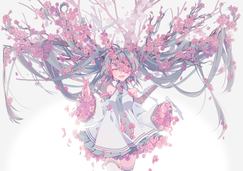 1girl :d animal aqua_hair aqua_nails bangs bare_shoulders bird cherry_blossoms commentary cowboy_shot detached_sleeves dress entangled flower flower_over_eye hair_flower hair_ornament hatsune_miku highres holding holding_flower long_hair nail_polish necktie one_eye_covered open_mouth pink_flower red_eyes short_dress smile solo sourxuan spilling thigh-highs tree very_long_hair vocaloid white_background white_dress white_legwear wide_sleeves