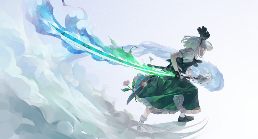 1girl absurdres bangs black_hairband bob_cut collared_shirt fire flaming_sword flaming_weapon frilled_legwear frilled_skirt frills full_body green_fire green_skirt green_vest grey_eyes hairband highres hitodama huge_weapon katana konpaku_youmu konpaku_youmu_(ghost) long_hair ootachi puffy_short_sleeves puffy_sleeves riki6 scabbard sheath shirt shoes short_hair short_sleeves silver_hair skirt skirt_set socks solo sword touhou vest weapon white_shirt