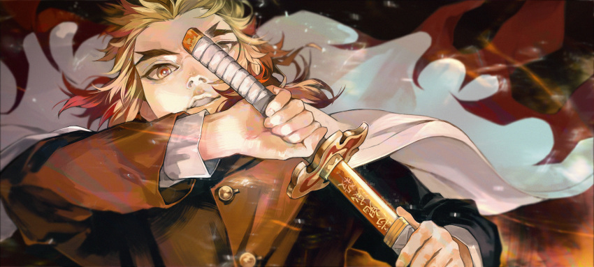 1boy absurdres blonde_hair cloak commentary_request hair_slicked_back highres holding holding_sword holding_weapon huge_filesize jacket japanese_clothes katana kimetsu_no_yaiba kyuuba_melo long_sleeves looking_at_viewer male_focus multicolored_hair parted_lips red_eyes redhead rengoku_kyoujurou sheath smile solo sword two-tone_hair unsheathing upper_body weapon