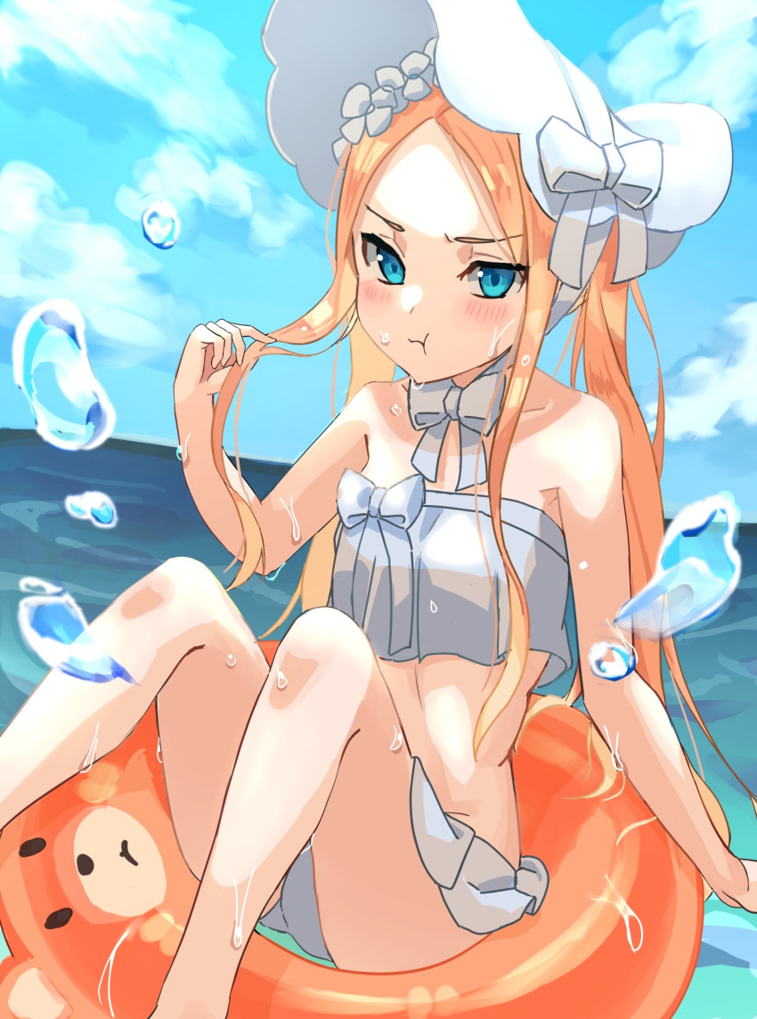 1girl abigail_williams_(fate/grand_order) abigail_williams_(swimsuit_foreigner)_(fate) bangs bare_shoulders bikini blonde_hair blue_eyes blue_sky bonnet bow breasts fate/grand_order fate_(series) forehead hair_bow highres long_hair miniskirt ocean parted_bangs pout puffy_cheeks sidelocks sitting skirt sky small_breasts swimsuit thighs twintails user_ukac2333 very_long_hair white_bikini white_bow white_headwear