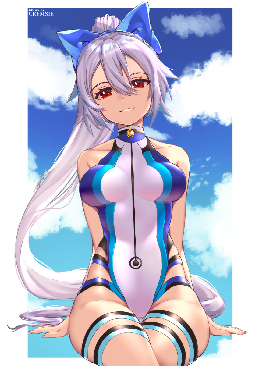 1girl absurdres artist_name bare_shoulders blue_bow blue_sky blue_swimsuit border bow breasts clouds collarbone competition_swimsuit fate/grand_order fate_(series) hair_between_eyes hair_bow head_tilt highleg highleg_swimsuit highres long_hair looking_at_viewer medium_breasts one-piece_swimsuit rachel_bouvier red_eyes silver_hair sky smile solo swimsuit thigh_strap tomoe_gozen_(fate/grand_order) tomoe_gozen_(swimsuit_saber)_(fate) two-tone_swimsuit very_long_hair white_border white_swimsuit