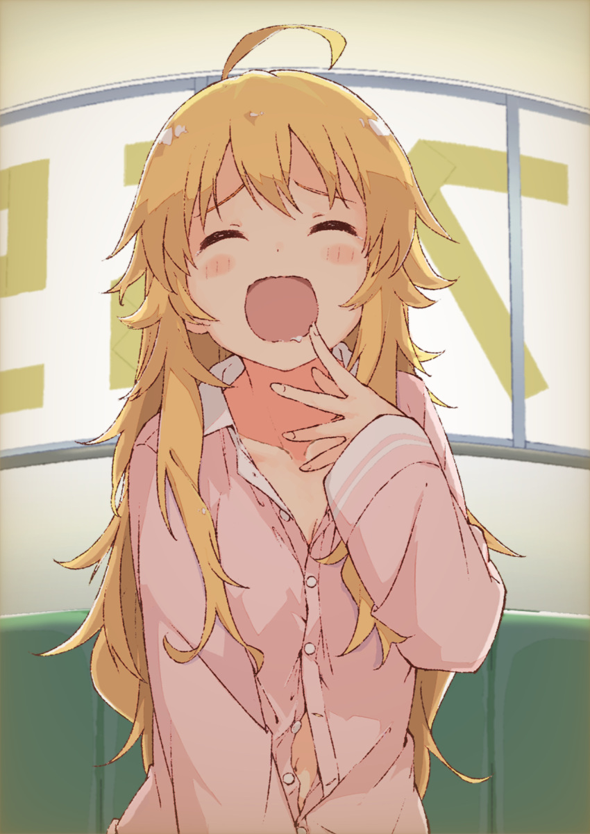 1girl ahoge blonde_hair blush closed_eyes fisheye hand_to_own_mouth highres hoshii_miki idolmaster idolmaster_million_live! indoors long_hair long_sleeves midriff_peek navel open_mouth pajamas pink_pajamas rauto saliva solo unbuttoned unbuttoned_shirt upper_body yawning