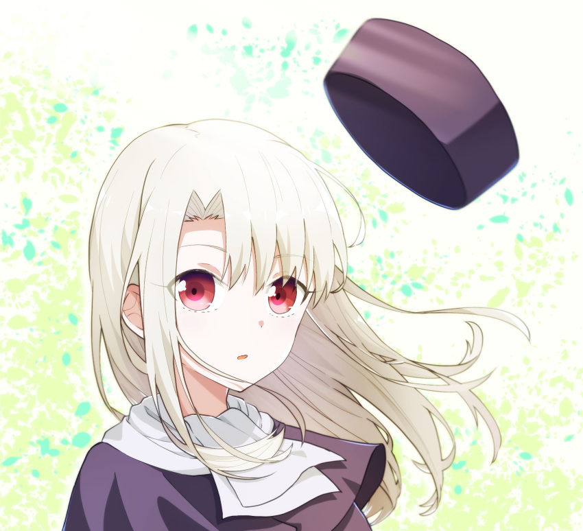 1girl azami_masurao bangs eyebrows_visible_through_hair fate/stay_night fate_(series) floating_hair hair_between_eyes hair_intakes highres illyasviel_von_einzbern long_hair looking_at_viewer open_mouth portrait purple_capelet red_eyes silver_hair solo white_background