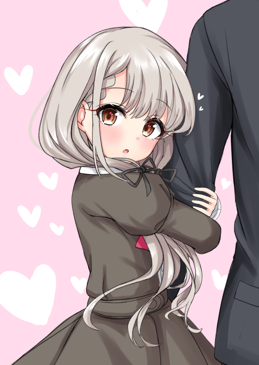 1boy 1girl :o absurdres arm_hug bangs black_jacket black_ribbon black_skirt blush braid braided_bangs brown_eyes commentary_request eyebrows_visible_through_hair formal grey_hair hair_ribbon heart heart_background highres hisakawa_nagi idolmaster idolmaster_cinderella_girls idolmaster_cinderella_girls_starlight_stage jacket juliet_sleeves long_hair long_sleeves looking_at_viewer looking_to_the_side low_twintails mitsumine_raimu parted_lips pink_background pleated_skirt producer_(idolmaster) puffy_sleeves ribbon skirt solo_focus suit twintails very_long_hair