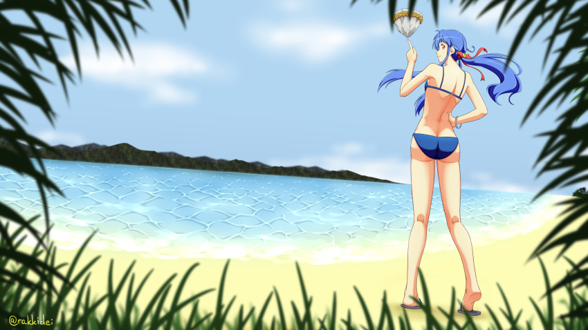 1girl alternate_costume alternate_hairstyle ass back bare_legs bare_shoulders beach bead_bracelet beads bikini blue_bikini blue_hair bracelet breasts clouds day english_commentary floating floating_object floating_rock food from_behind fruit full_body hair_ribbon hand_on_hip highres hinanawi_tenshi horizon island jewelry keystone kneepits looking_at_viewer looking_back mountainous_horizon no_hat no_headwear ocean older outdoors peach ponytail rainbow_bracelet rakkidei red_eyes red_ribbon ribbon short_hair_with_long_locks sky slippers small_breasts solo standing summer swimsuit touhou twitter_username water watermark