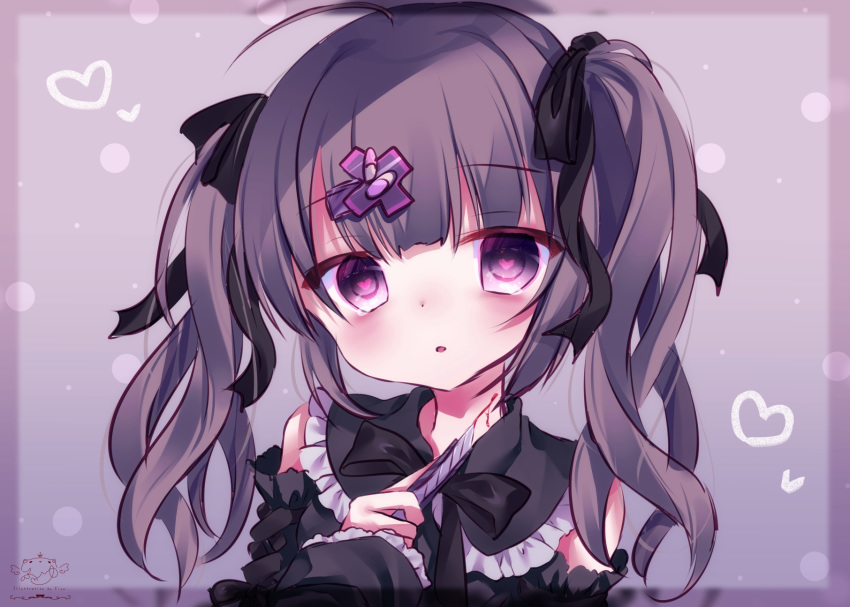 1girl :o ahoge bangs black_bow black_dress black_hair black_sleeves blood blush bow boxcutter commentary_request cuts detached_sleeves dress eyebrows_visible_through_hair fuxiyu grey_background hair_bow hair_ornament hairclip hand_up heart heart-shaped_pupils highres holding injury long_hair long_sleeves looking_at_viewer original parted_lips self_harm signature sleeveless sleeveless_dress sleeves_past_wrists solo symbol-shaped_pupils tears twintails upper_body violet_eyes x_hair_ornament