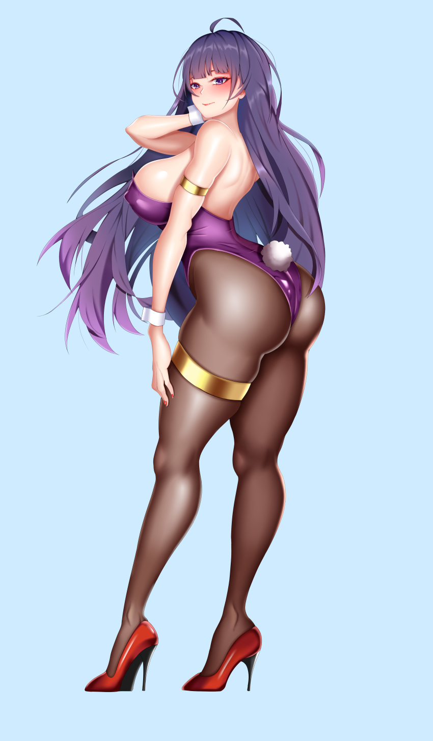 1girl absurdres ahoge animal_ears ass back bare_shoulders black_legwear blue_background blush breasts bunny_girl bunny_tail bunnysuit covered_nipples highres honkai_(series) honkai_impact_3rd large_breasts leotard lips long_hair looking_at_viewer pantyhose pose purple_hair rabbit_ears raiden_mei sakuraoo simple_background skindentation smile solo tail thighlet violet_eyes wrist_cuffs