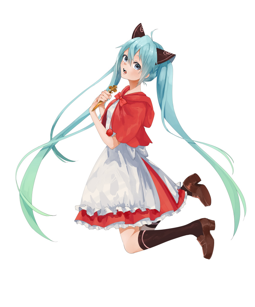 1girl absurdres ahoge apron bangs black_legwear blue_eyes blue_hair bossan_3310 brown_footwear capelet collarbone floating_hair from_side full_body hair_between_eyes hair_ornament hatsune_miku highres holding hood hood_down hooded_capelet kneehighs layered_skirt loafers long_hair looking_at_viewer medium_skirt open_mouth red_capelet red_skirt shoes skirt solo transparent_background twintails very_long_hair vocaloid white_apron