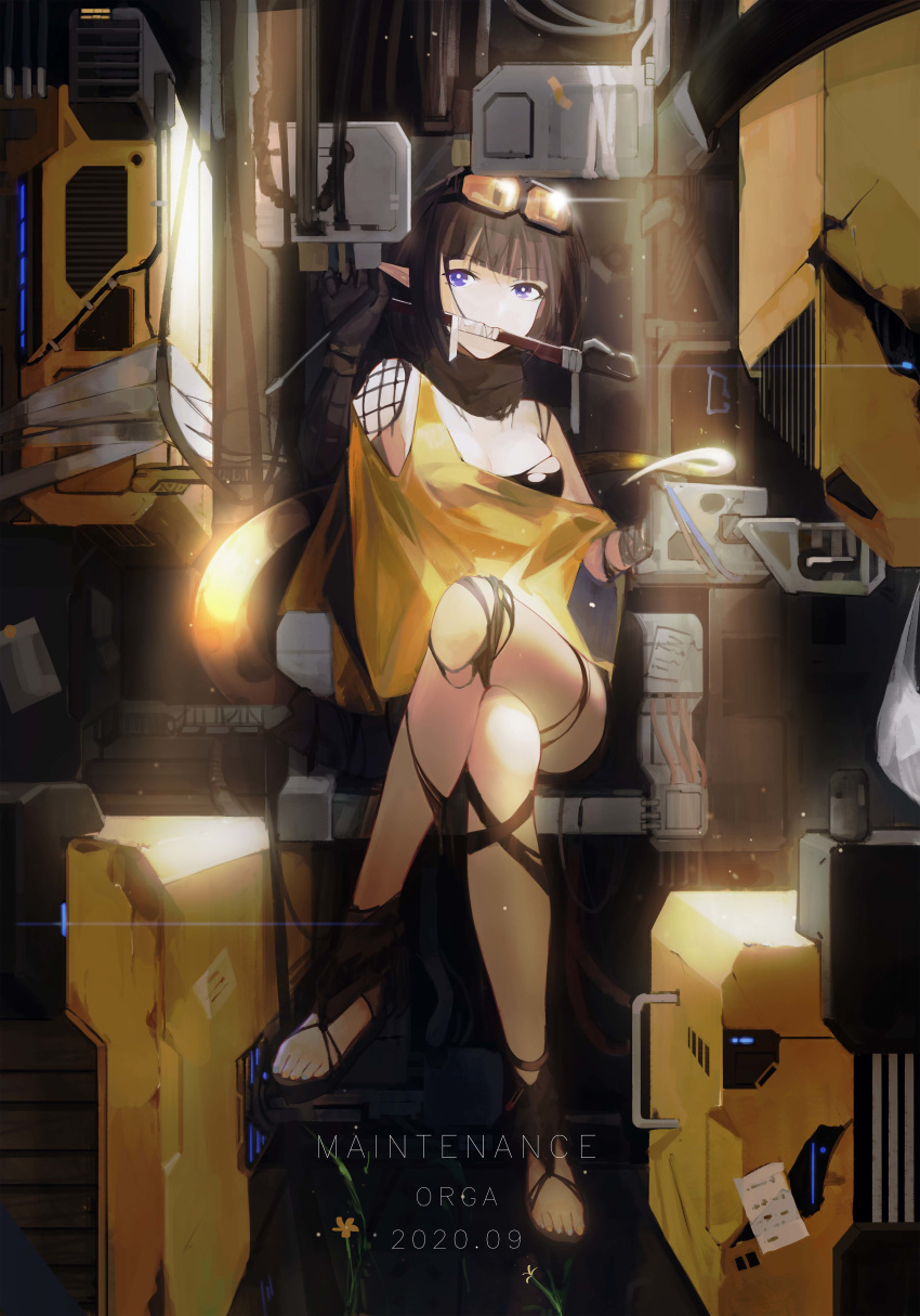 1girl absurdres arknights arm_strap bandeau black_hair black_scarf blue_eyes blue_hairband crocodilian_tail eunectes_(arknights) feet goggles goggles_on_head hairband highres mecha mouth_hold nail nail_polish orga_(orgacl) pointy_ears scarf short_hair strapless tail thighs tubetop wrench