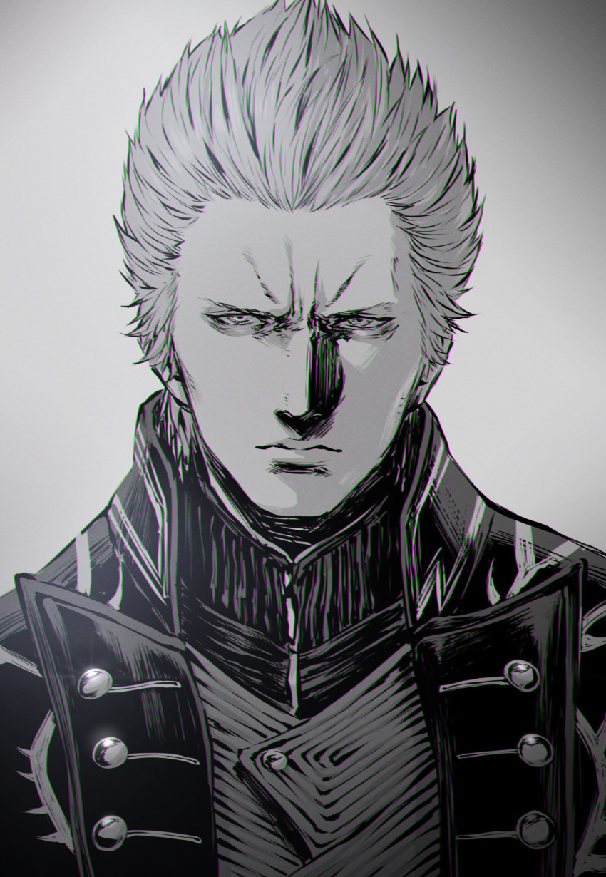 1boy buttons closed_mouth coat devil_may_cry devil_may_cry_5 gradient gradient_background grey_background greyscale hair_pulled_back highres long_sleeves looking_at_viewer monochrome mugetsu2501 open_clothes open_coat short_hair spiky_hair vergil