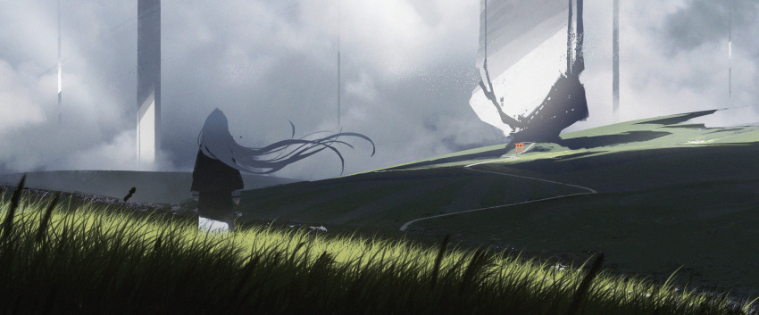 1girl absurdres asteroid_ill clouds from_behind grass highres hill iz_(asteroid_ill) long_hair original outdoors path pillar scenery solo standing structure tall_grass torii very_long_hair white_hair