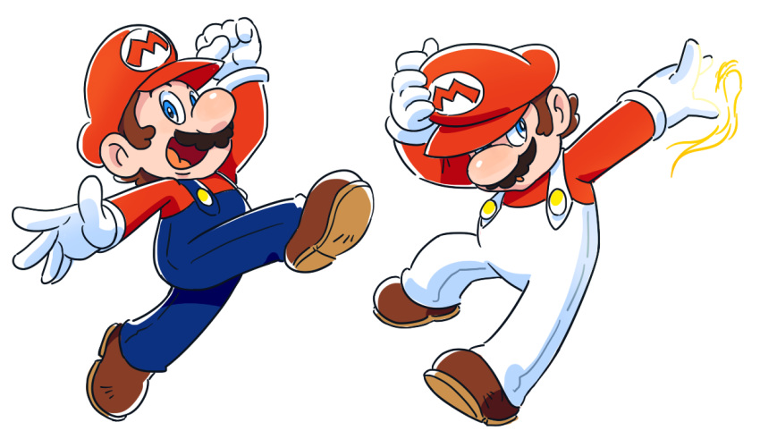 alternate_costume blue_eyes blue_overalls boots brown_hair clenched_hand drawloverlala gloves hand_on_headwear hand_up jumping looking_at_viewer mario super_mario_bros. nintendo overalls red_shirt shirt simple_background super_mario_bros. white_background white_gloves white_overalls