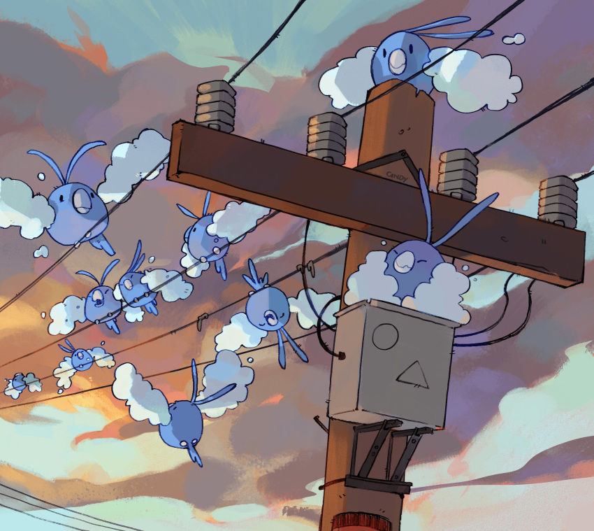 bird black_eyes cindy_(pigeoncindy_) closed_eyes closed_mouth clouds commentary day flying gen_3_pokemon hanging highres looking_at_viewer no_humans open_mouth outdoors pokemon pokemon_(creature) power_lines sky swablu wavy_mouth
