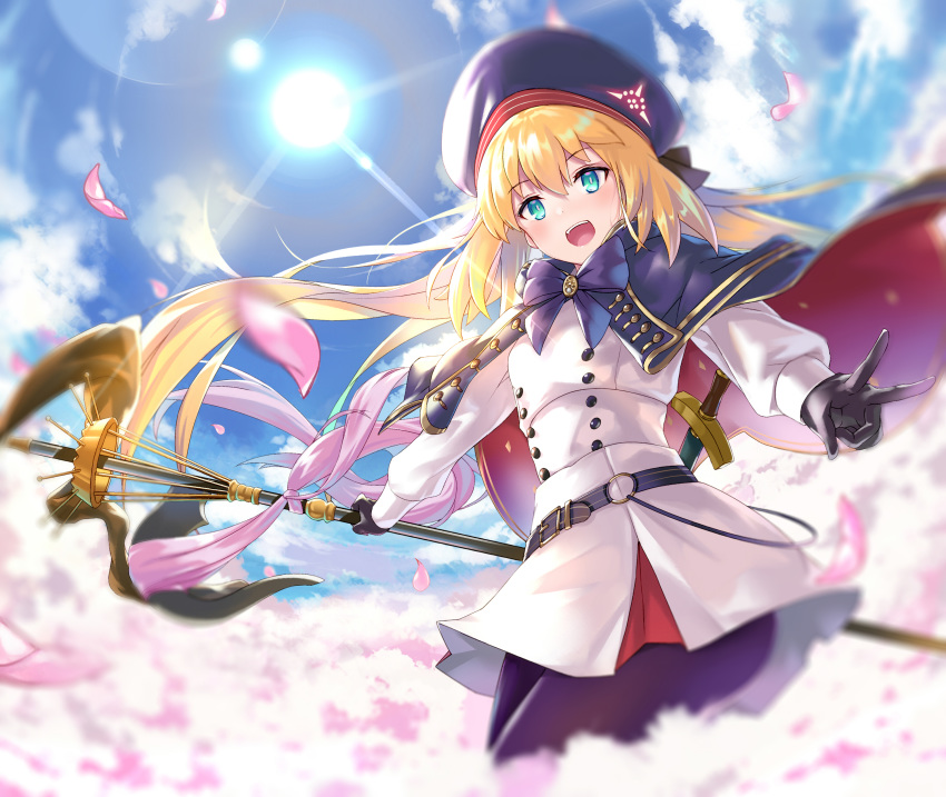 1girl absurdres artoria_pendragon_(all) artoria_pendragon_(caster) belt belt_buckle blonde_hair blue_eyes buckle commentary_request day eyebrows_visible_through_hair fate/grand_order fate_(series) gloves hair_between_eyes hat highres holding holding_staff long_hair long_sleeves looking_at_viewer open_mouth outdoors pantyhose rope sheath sheathed shionji_ax skirt sky solo staff standing sun sword teeth twintails v weapon
