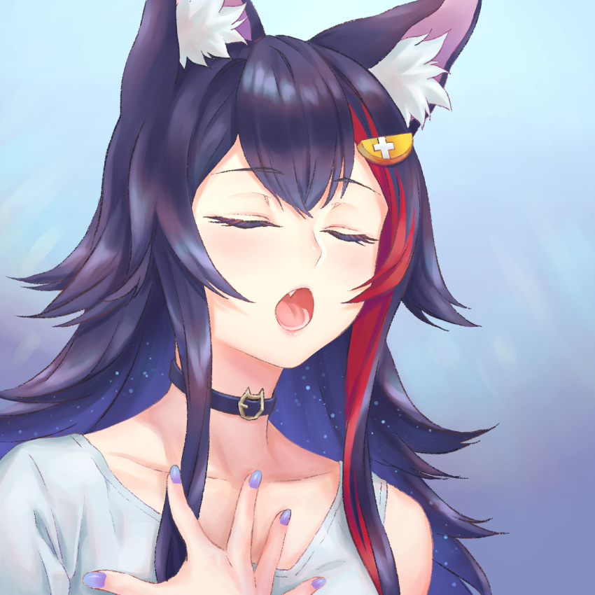 1girl animal_ear_fluff animal_ears black_hair blue_background choker closed_eyes english_commentary eyebrows_visible_through_hair fang gradient gradient_background highres hololive lei_(shuanglei2) long_hair multicolored_hair nail_polish ookami_mio open_mouth purple_nails redhead solo streaked_hair upper_body virtual_youtuber wolf_ears