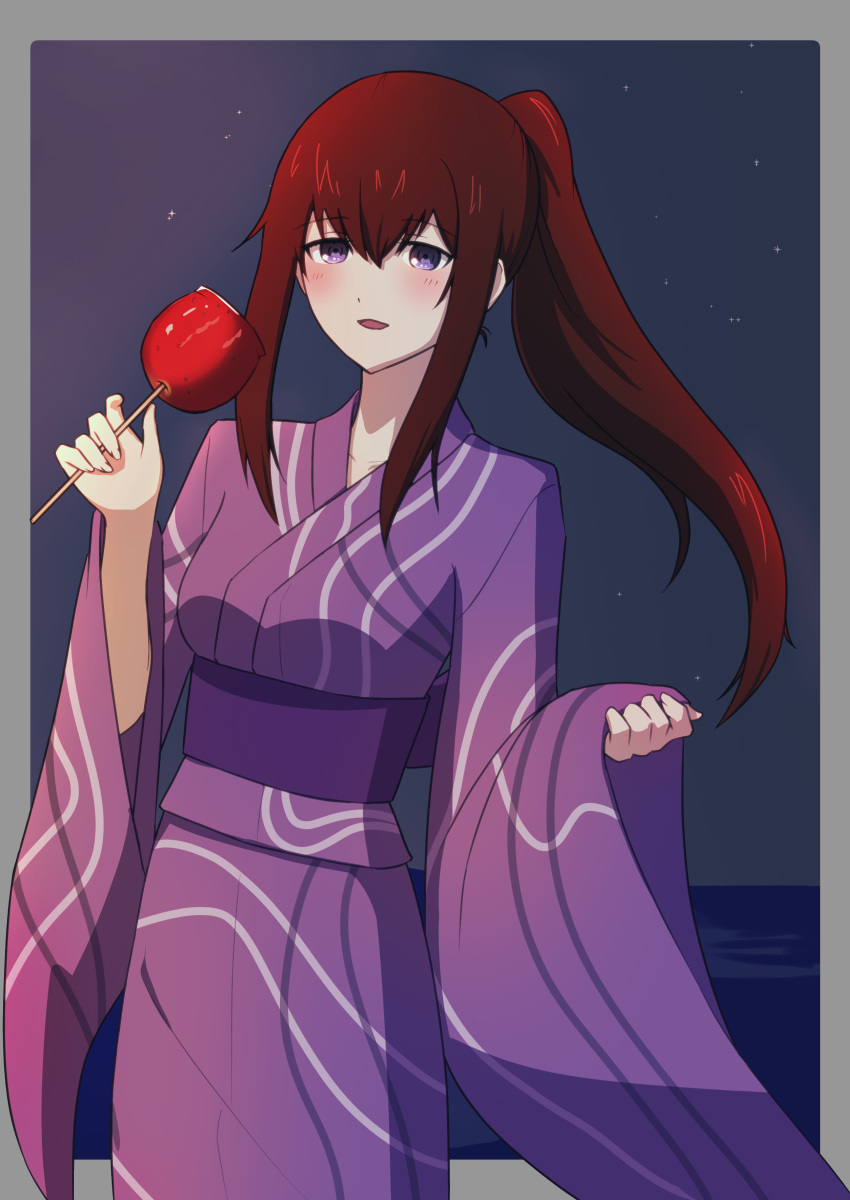 1girl absurdres alternate_costume bangs blush candy_apple eyebrows_visible_through_hair floating_hair food hair_between_eyes highres holding holding_food japanese_clothes kimono long_hair long_sleeves makisato_hiromi makise_kurisu night obi open_mouth outdoors purple_kimono redhead sash shiny shiny_hair solo standing steins;gate striped striped_kimono tayutau0a0 very_long_hair violet_eyes wide_sleeves yukata