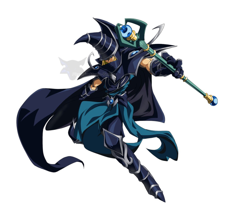 1boy black_cape black_gloves black_headwear blonde_hair blue_eyes cape closed_mouth duel_monster expressionless floating full_body gauntlets gem gloves hat holding holding_staff male_focus mixed-language_commentary muscle phantomstudio-tommy simple_background solo sorcerer_of_dark_magic staff white_background wizard_hat yuu-gi-ou