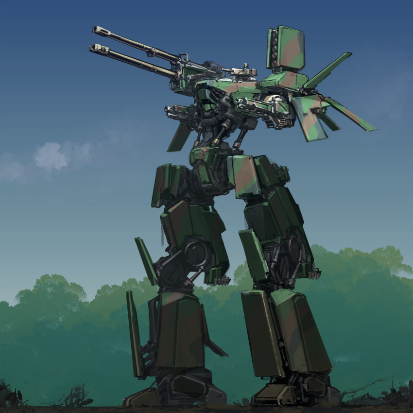 absurdres camouflage commission english_commentary highres ksenolog long_legs mecha military missile_pod no_arms no_humans original science_fiction solo standing