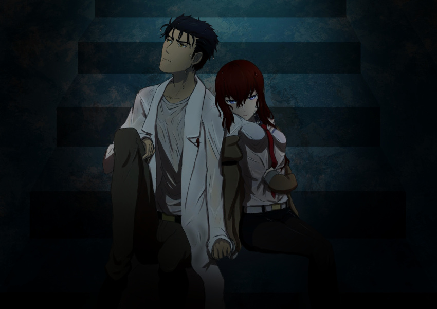 1boy 1girl absurdres belt between_breasts black_hair black_legwear black_shorts blue_eyes breasts brown_coat brown_pants closed_mouth clothes_down coat collarbone couple grey_shirt hair_between_eyes half-closed_eyes hetero highres holding_hands labcoat legwear_under_shorts long_hair looking_at_viewer looking_up makise_kurisu necktie necktie_between_breasts okabe_rintarou pants pantyhose red_neckwear redhead shirt short_shorts shorts sitting stairs steins;gate tayutau0a0 wet wet_clothes wet_hair wet_shirt white_belt yellow_eyes