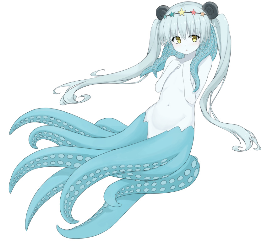 1girl :o bangs black_souls eyebrows_visible_through_hair flat_chest full_body hands_up highres huge_filesize kuti long_hair monster_girl navel no_pussy nude open_mouth ribbonsnek scylla solo star_(symbol) tentacles transparent_background twintails very_long_hair white_skin yellow_eyes