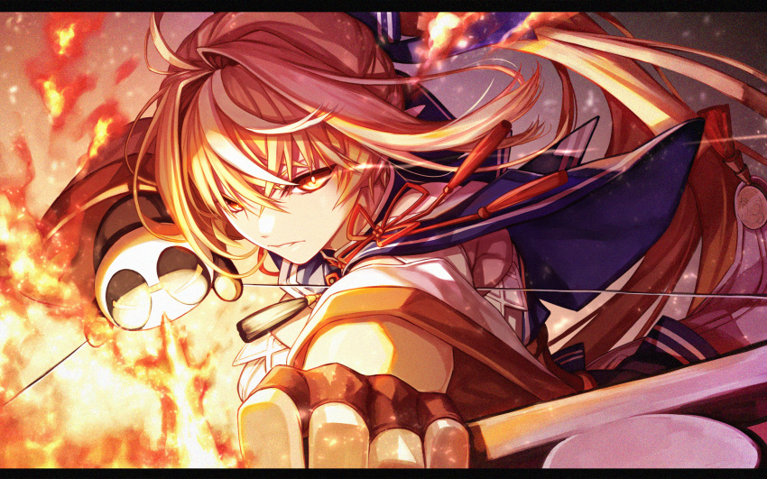 1girl bangs blonde_hair blue_capelet bow_(weapon) capelet dark_skin determined drawing_bow elf embers fenrir_(fenlil0316) fire glaring glint gloves glowing glowing_eyes hair_between_eyes half_gloves high_ponytail highres holding holding_bow_(weapon) holding_weapon hololive kintsuba_(shiranui_flare) leather leather_gloves long_hair looking_at_viewer multicolored_hair pointy_ears shiranui_flare shoulder_cutout solo streaked_hair upper_body virtual_youtuber weapon yellow_eyes