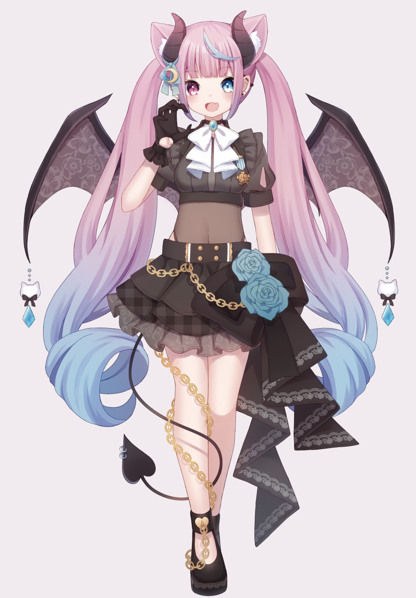 1girl :d absurdres animal_ear_fluff animal_ears black_bow black_footwear black_gloves black_shirt black_skirt blue_eyes blue_flower blue_hair blue_rose blush bow breasts brown_wings chain chibi claw_pose commentary_request curled_horns demon_girl demon_horns demon_tail demon_wings ear_piercing earrings fang flower frilled_skirt frills full_body gloves gradient_hair grey_background hand_up heart heart_earrings heterochromia highres horns iriam jewelry long_hair multicolored_hair official_art open_mouth piercing pink_hair plaid plaid_skirt pleated_skirt puffy_short_sleeves puffy_sleeves red_eyes rose sakuma_miku sapphire_(sapphire25252) shirt shoes short_sleeves sidelocks simple_background skirt small_breasts smile standing stud_earrings tail twintails unmoving_pattern very_long_hair virtual_youtuber wings