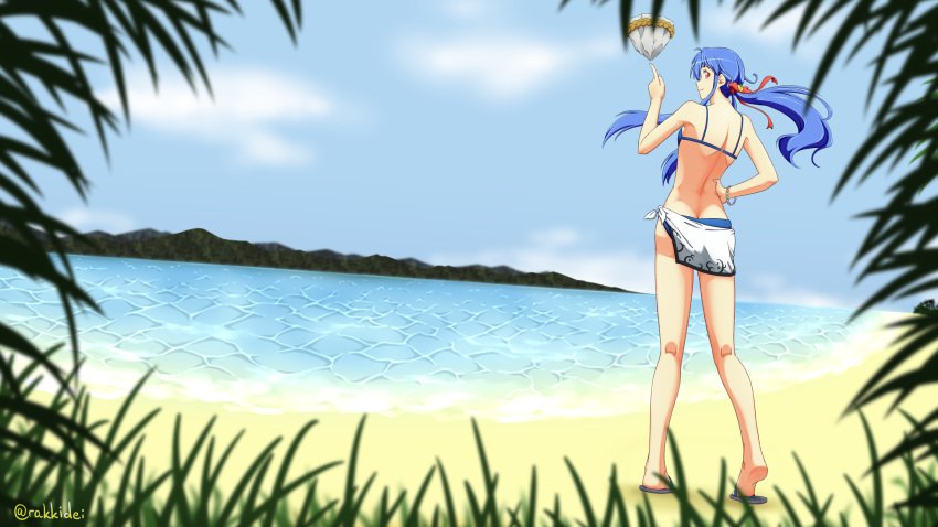 1girl alternate_costume alternate_hairstyle ass back bare_legs bare_shoulders beach bead_bracelet beads bikini blue_bikini blue_hair bracelet breasts clouds day english_commentary floating floating_object floating_rock food from_behind fruit full_body hair_ribbon hand_on_hip highres hinanawi_tenshi horizon island jewelry keystone kneepits looking_at_viewer looking_back mountainous_horizon no_hat no_headwear ocean older outdoors peach ponytail rainbow_bracelet rakkidei red_eyes red_ribbon ribbon sarong short_hair_with_long_locks sky slippers small_breasts solo standing summer swimsuit touhou twitter_username water watermark