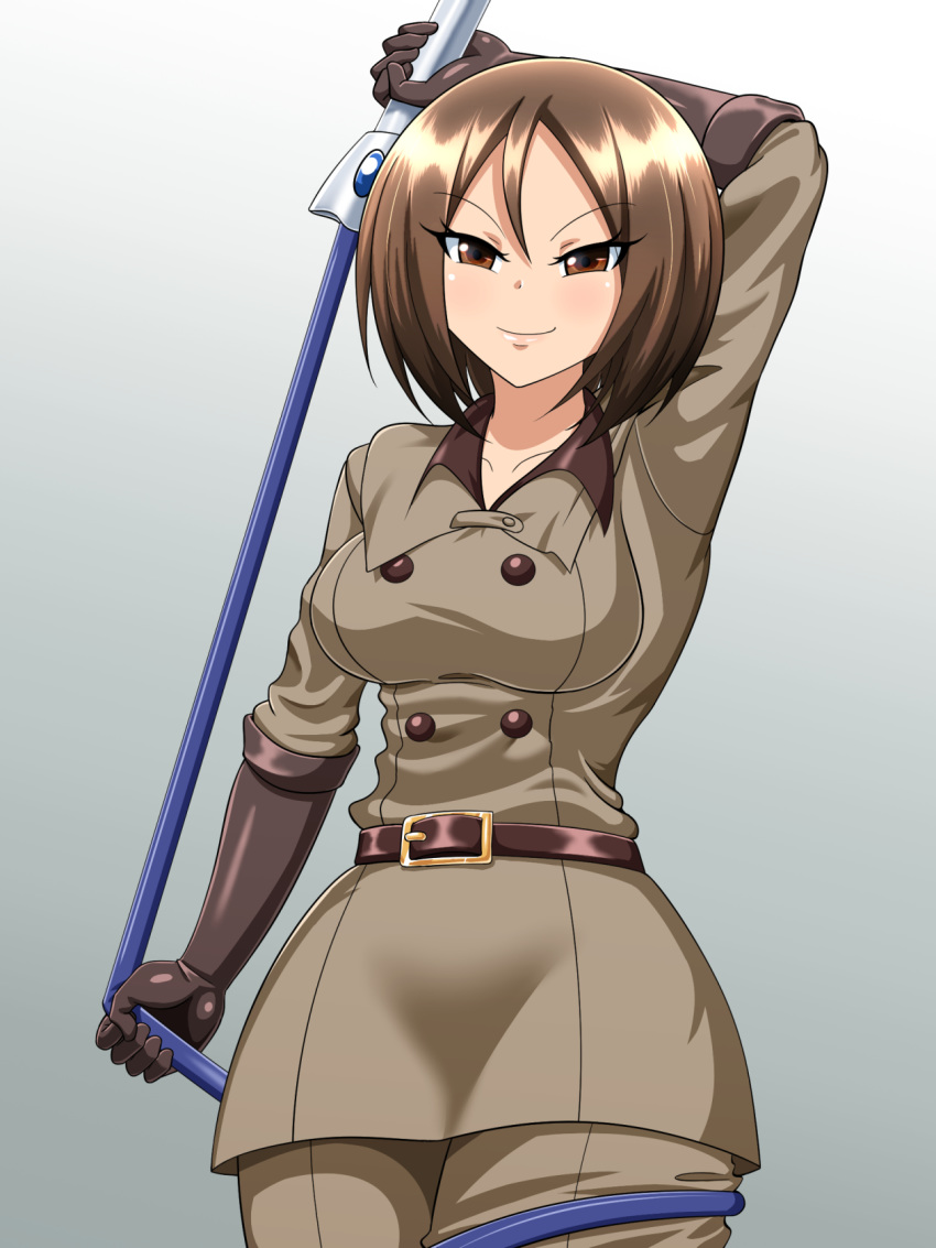 1girl breasts brown_eyes brown_hair closed_mouth gloves highres holding holding_whip looking_at_viewer military military_uniform short_hair simple_background solo the_king_of_fighters uniform whip whip_(kof) yensh