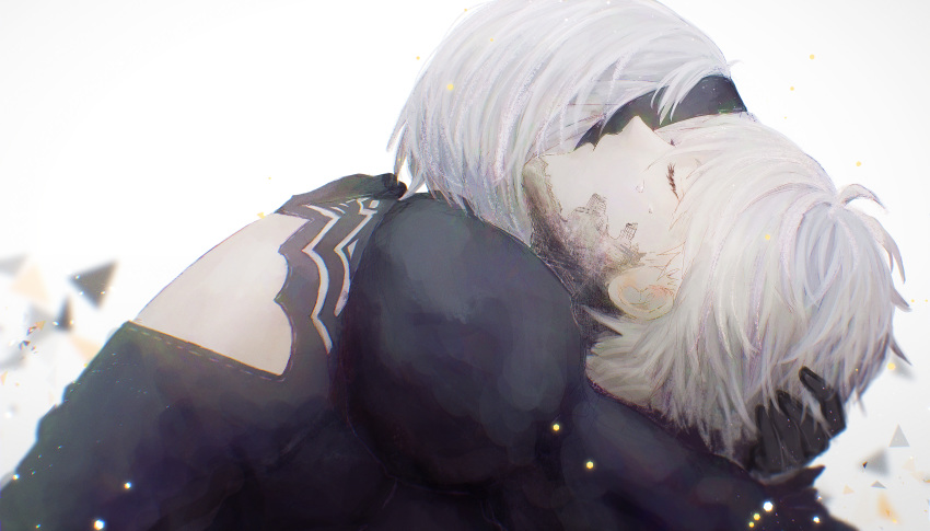 1boy 1girl absurdres back_cutout black_dress black_hairband closed_eyes commentary_request dress hairband highres holding_another hug huge_filesize juliet_sleeves long_sleeves lying nier_(series) nier_automata on_back puffy_sleeves shion_(reira) silver_hair tears white_background yorha_no._2_type_b yorha_no._9_type_s