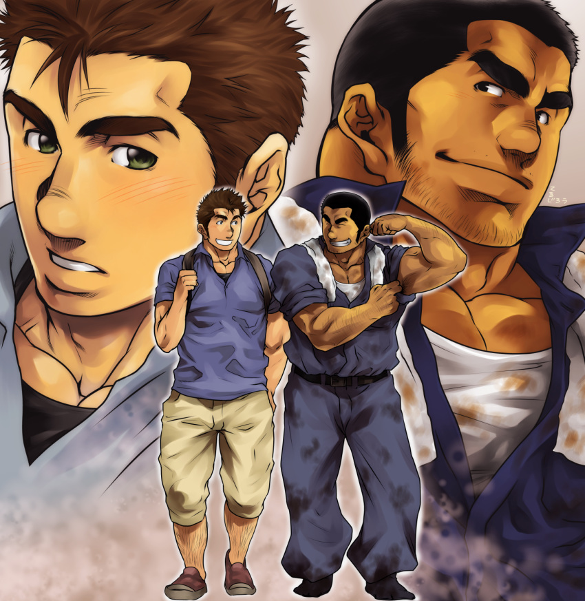 2boys bara belt black_hair blush brown_hair chest cropped_torso dirty dirty_clothes facial_hair flexing full_body green_eyes highres looking_at_viewer male_focus manly masateruteru multiple_boys muscle original pants pectorals pose shirt shoes short_hair sideburns smile smirk thick_eyebrows
