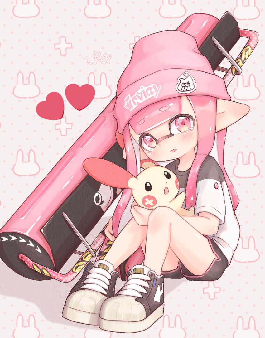 1girl artist_name bangs beanie black_footwear black_shorts blunt_bangs carbon_roller_(splatoon) commentary company_connection crossover dolphin_shorts domino_mask eyebrows_visible_through_hair gen_3_pokemon hat heart highres holding holding_pokemon holding_weapon inkling inkling_(language) light_frown logo long_hair looking_at_viewer mask no_socks open_mouth pink_eyes pink_hair pink_headwear pioxpioo plus_sign plusle pointy_ears pokemon_(creature) polka_dot polka_dot_background shirt shoes short_shorts short_sleeves shorts sitting sneakers solo splatoon_(series) splatoon_2 straight-laced_footwear t-shirt tearing_up tentacle_hair weapon white_shirt