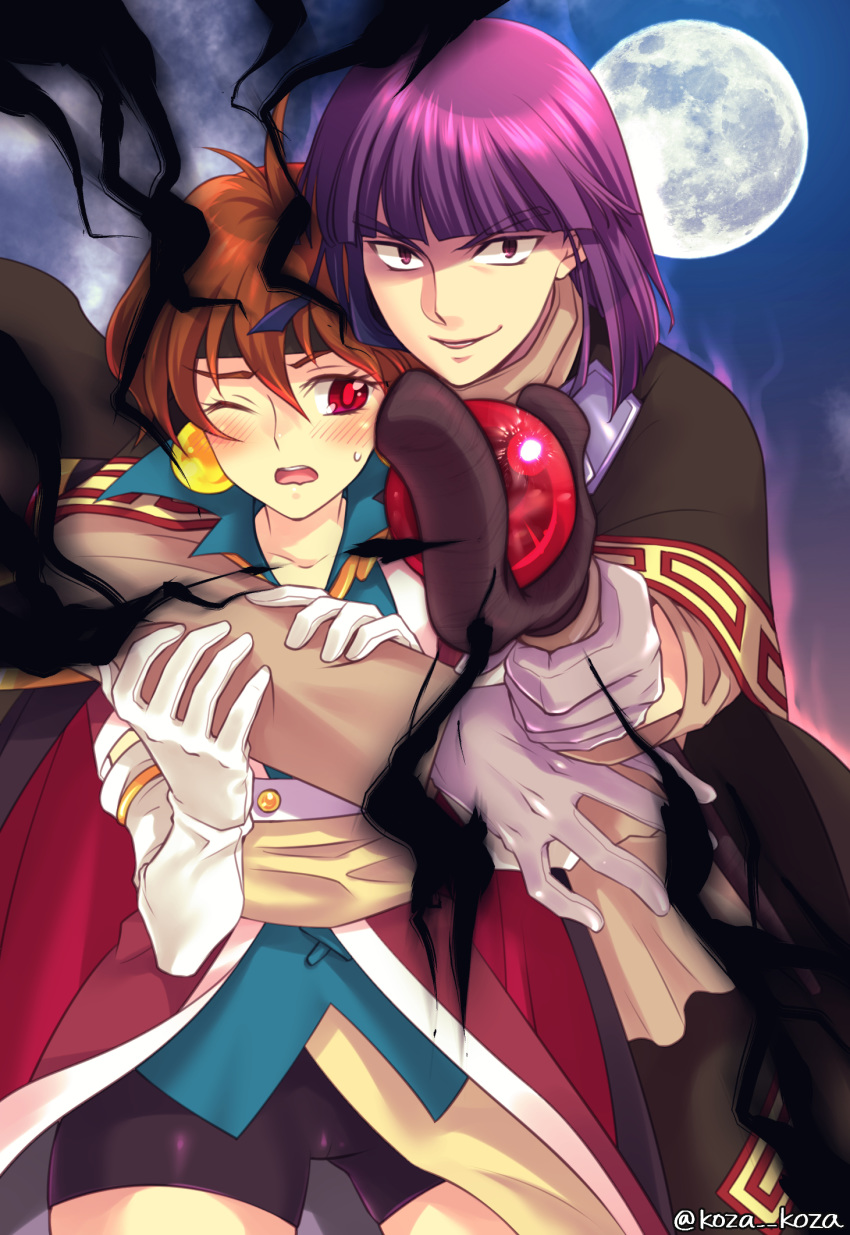 1boy 1girl ;d arm_around_neck bike_shorts black_shorts blush brown_hair cape collarbone earrings elbow_gloves full_moon gloves highres holding holding_staff jewelry lina_inverse looking_at_viewer medium_hair moon one_eye_closed open_mouth purple_hair red_cape red_eyes satoashu shiny shiny_hair short_shorts shorts slayers smile staff sweatdrop twitter_username violet_eyes white_gloves xelloss