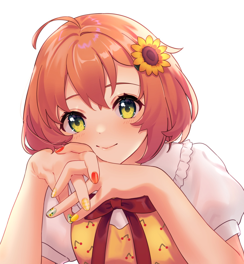 1girl absurdres ahoge bangs blush bow cherry_print chin_rest eyebrows fingernails flower food_print frilled_shirt_collar frills green_eyes hair_between_eyes hair_flower hair_ornament highres honma_himawari looking_at_viewer multicolored multicolored_nails nail_polish neck_ribbon nijisanji orange_hair puffy_short_sleeves puffy_sleeves red_nails red_neckwear red_ribbon ribbon short_hair short_sleeves simple_background smile solo sunflower sunflower_hair_ornament unionjack576 virtual_youtuber white_background yellow_flower yellow_nails