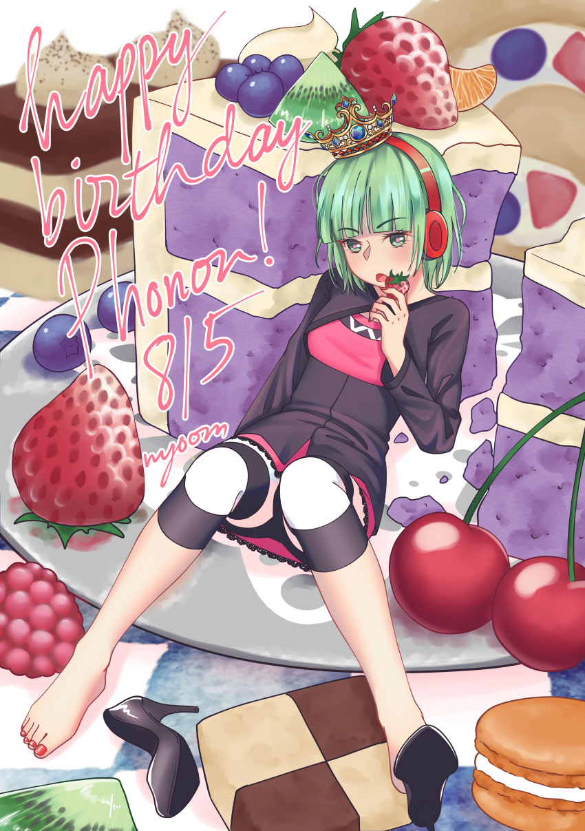 1girl absurdres barefoot blueberry cake cake_slice checkerboard_cookie cherry cookie crown food fruit full_body green_eyes green_hair headphones high_heels highres kiwi_slice light_green_hair macaron mini_crown nyoomdoesstuff open_mouth pastry phonon_(under_night_in-birth) raspberry short_hair solo strawberry sweets toenails under_night_in-birth