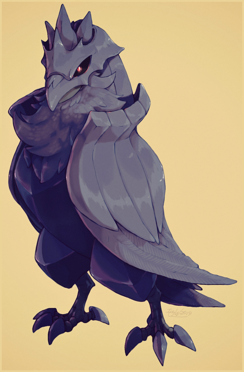 astralfell beak bird black_sclera claws closed_mouth commentary corviknight english_commentary full_body gen_8_pokemon highres no_humans pokemon pokemon_(creature) red_eyes yellow_background