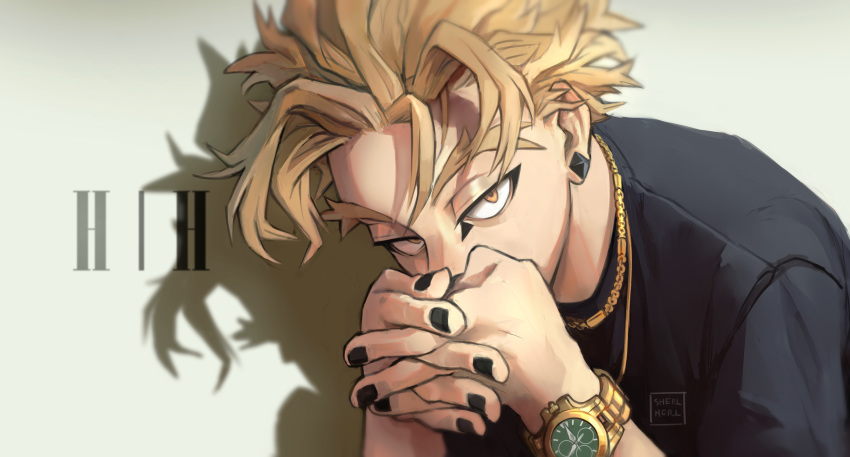 1boy absurdres artist_name bangs black_nails black_shirt blonde_hair blurry boku_no_hero_academia chain_necklace covered_mouth depth_of_field earrings facepaint half-closed_eyes hawks_(boku_no_hero_academia) highres interlocked_fingers jewelry leaning_forward looking_at_viewer makeup mascara messy_hair nail_polish necklace orange_eyes shadow sherl_merl shirt signature simple_background stud_earrings t-shirt takami_keigo thick_eyebrows upper_body watch