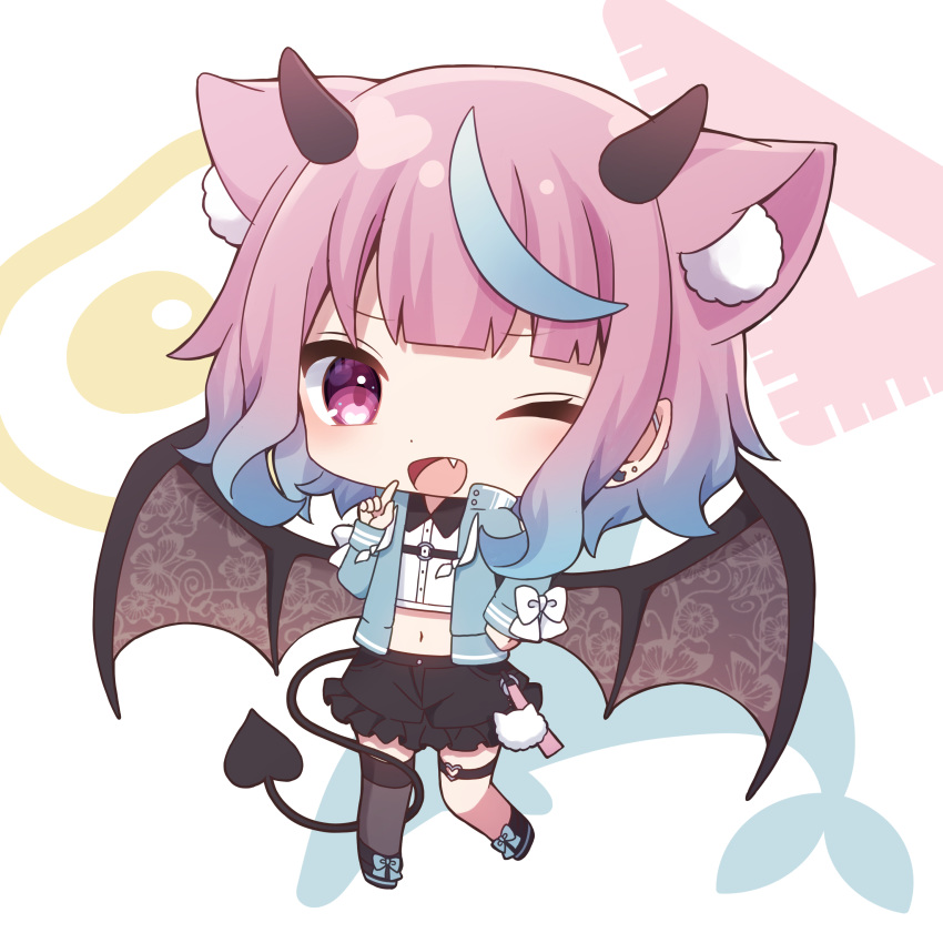 1girl ;d absurdres animal_ear_fluff animal_ears bangs black_footwear black_skirt blue_bow blue_hair blue_jacket bow brown_wings chibi collared_shirt demon_girl demon_horns demon_tail demon_wings dress_shirt ear_piercing earrings eyebrows_visible_through_hair fang frilled_skirt frills full_body gradient_hair grey_legwear heart_ring highres horns iriam jacket jewelry long_sleeves midriff multicolored_hair navel official_art one_eye_closed open_clothes open_jacket open_mouth piercing pink_hair sakuma_miku sapphire_(sapphire25252) shirt shoes skirt sleeves_past_wrists smile solo standing standing_on_one_leg stud_earrings tail thigh-highs thigh_strap violet_eyes virtual_youtuber white_background white_bow white_shirt wings