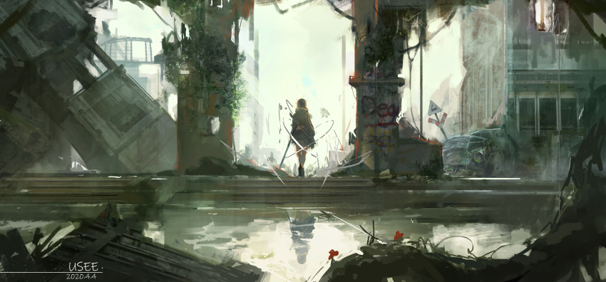 1girl absurdres black_hair crop_top cropped_jacket dated day facing_away graffiti highres holding holding_sword holding_weapon hood hood_down hooded_jacket iridescent-usee jacket katana original outdoors ruins short_hair skirt solo sword walking weapon