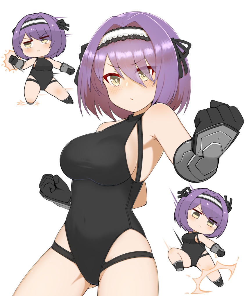1girl armpits ass_visible_through_thighs azur_lane bangs bare_shoulders black_gloves black_leotard blush breasts cap105 chibi chibi_inset clenched_hands closed_mouth commentary_request covered_navel cowboy_shot eyebrows_visible_through_hair eyes_visible_through_hair full_body gauntlets gloucester_(azur_lane) gloves hair_between_eyes hair_over_one_eye hairband highleg highres lace-trimmed_hairband large_breasts leotard looking_at_viewer motion_lines punching purple_hair short_hair sidelocks simple_background standing swept_bangs taut_leotard white_background yellow_eyes