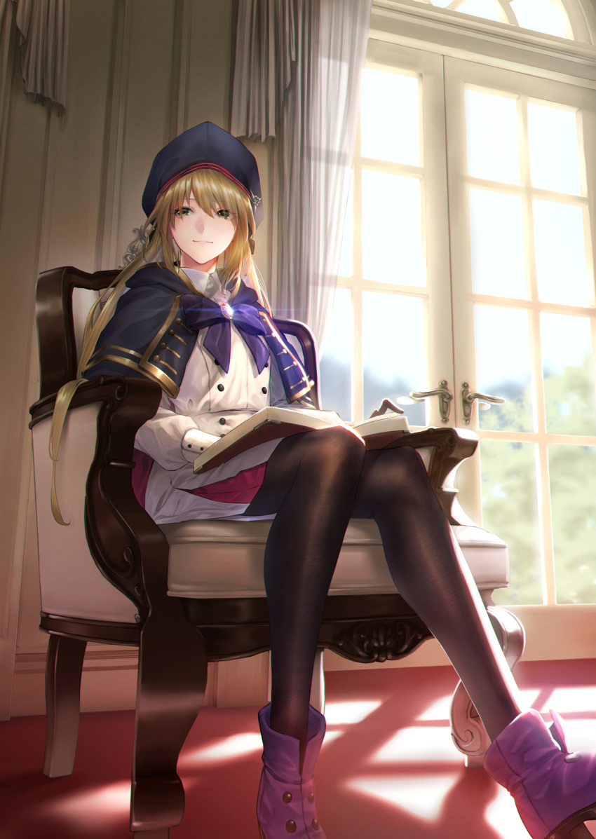 1girl artoria_pendragon_(all) artoria_pendragon_(caster) blonde_hair blue_cape blue_capelet blue_headwear blue_sky bush cape capelet chair curtains day double-breasted fate/grand_order fate_(series) gloves green_eyes highres long_hair looking_at_viewer mugetsu2501 multicolored multicolored_capelet multicolored_clothes o-ring_belt pantyhose polar_chaldea_uniform purple_footwear red_carpet revision sitting sky striped_belt window