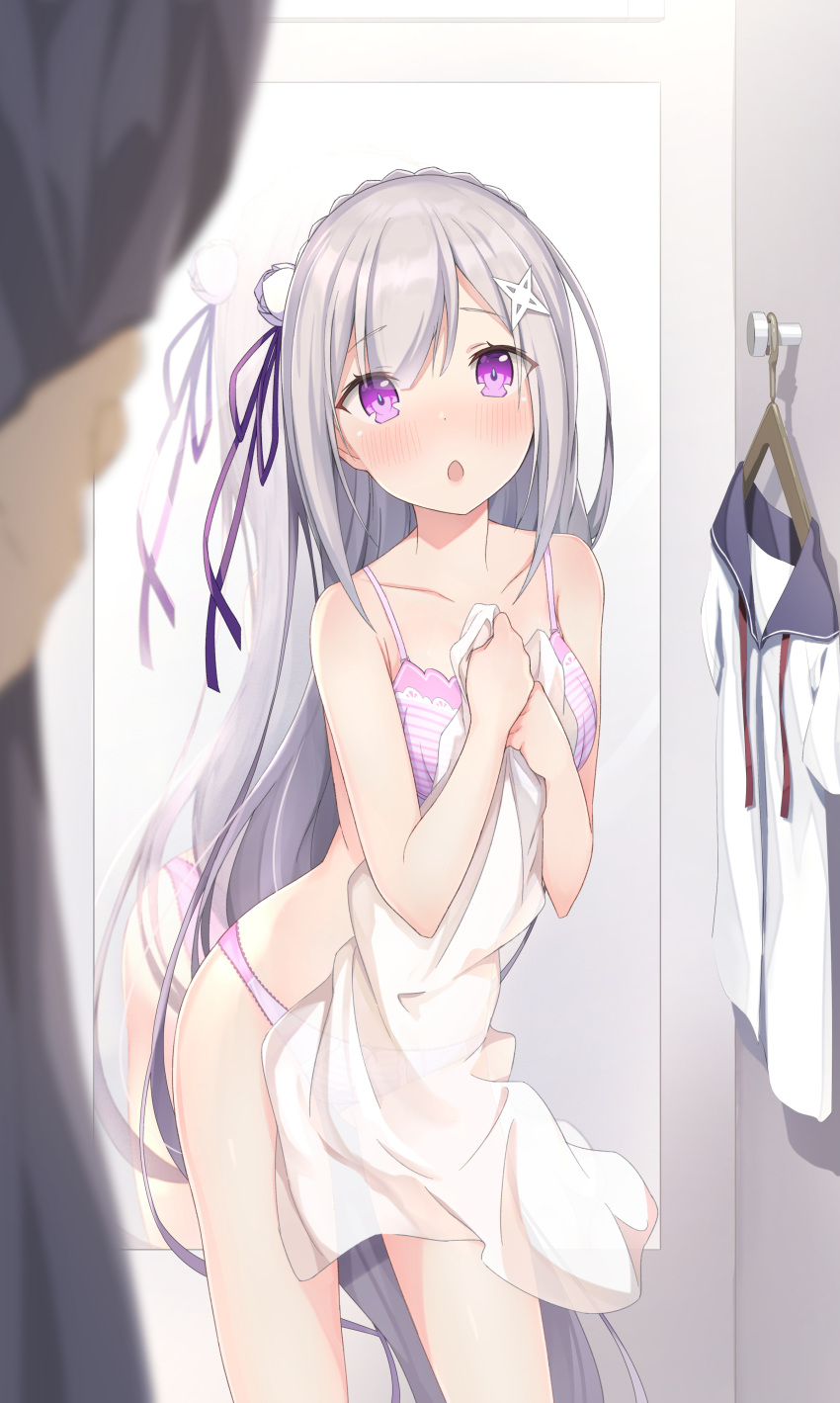 1girl absurdres blurry_foreground bra braid collarbone crown_braid echiru39 emilia_(re:zero) floating_hair flower hair_flower hair_ornament hair_ribbon highres holding holding_clothes holding_shirt long_hair looking_at_viewer open_mouth panties pink_bra pink_panties pov purple_ribbon re:zero_kara_hajimeru_isekai_seikatsu ribbon shirt silver_hair underwear underwear_only very_long_hair violet_eyes white_flower