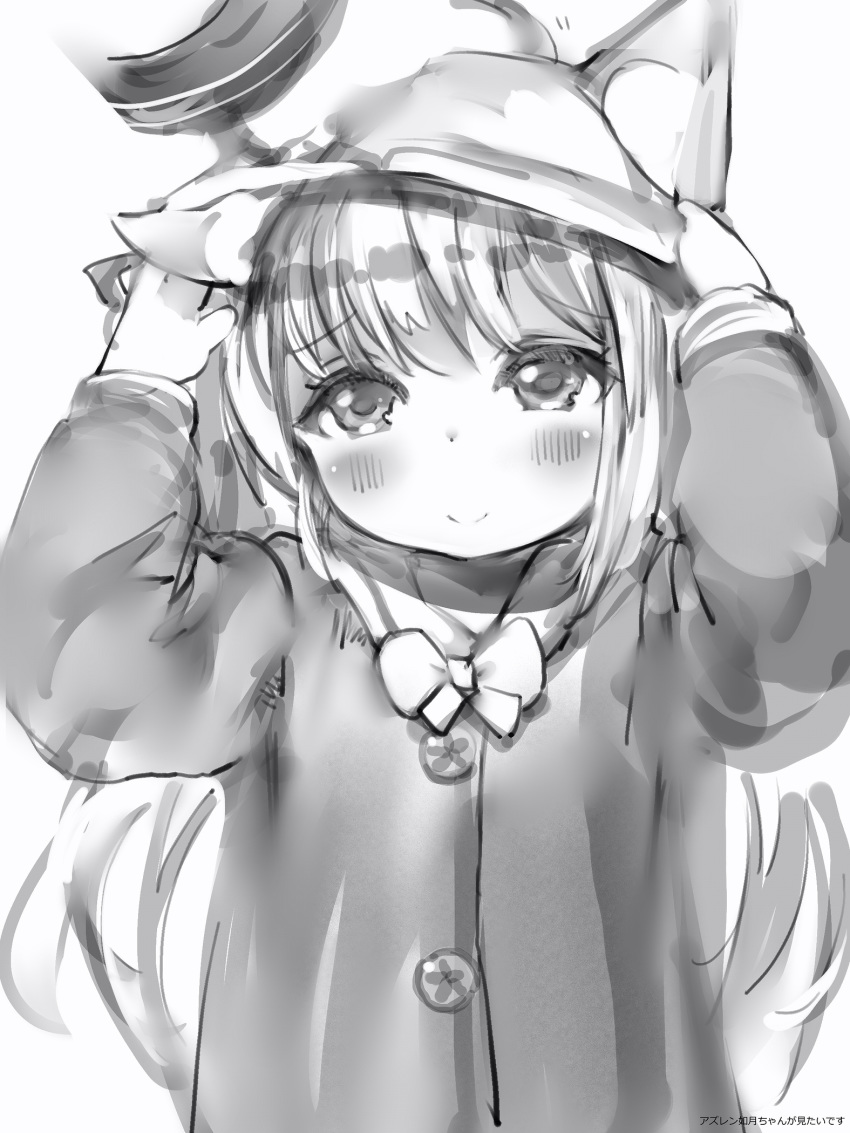 1girl animal_ears azur_lane blush bow bowtie buttons cat_ears character_request check_character closed_mouth ears_through_headwear greyscale hand_on_another's_head hands_up hat highres kindergarten_uniform kisaragi_(azur_lane) long_sleeves looking_at_viewer monochrome nanashi_(nlo74593630) petting sailor_collar school_hat simple_background smile solo_focus translation_request upper_body white_background