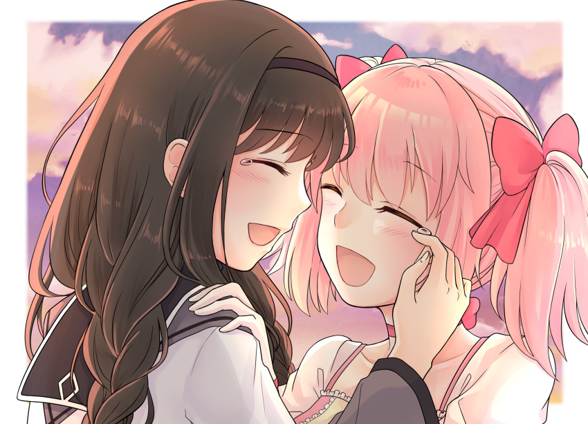 2girls absurdres akemi_homura black_hair closed_eyes clouds cloudy_sky couple happy happy_tears highres kaname_madoka lavender197 long_hair mahou_shoujo_madoka_magica medium_hair multiple_girls open_mouth pink_hair short_twintails sky smile tearing_up tears twintails yuri